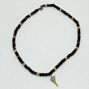 Shark Tooth Surfer Necklace Coconut Beads Natural Shell Black Stone Handmade VTG
